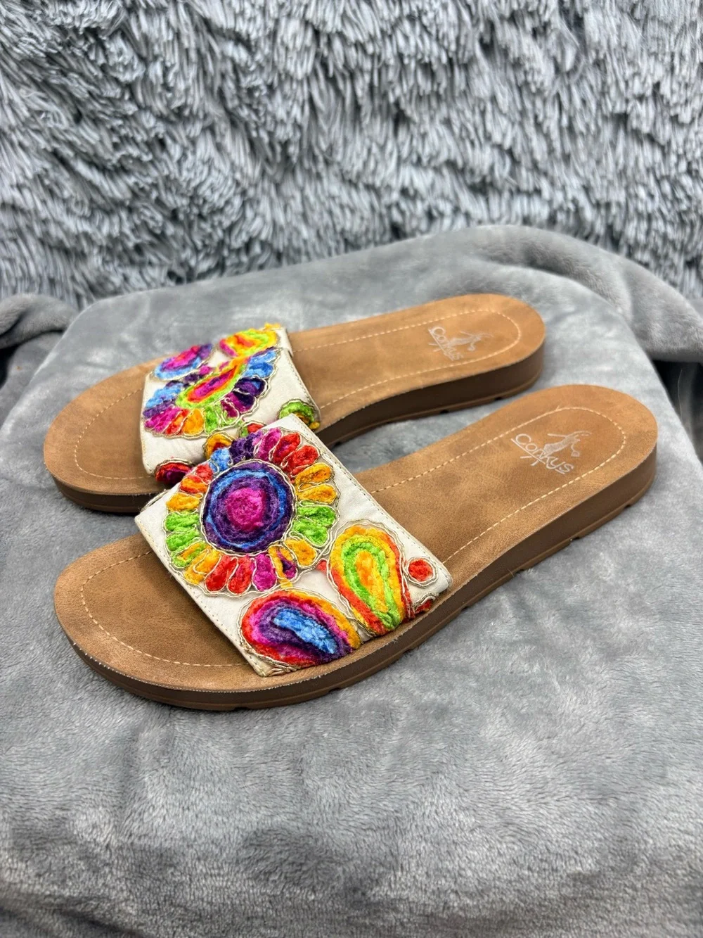 Corkys Pinwheel Sandals Womens 7  Multicolor Slip On Embroidered Floral Paisley